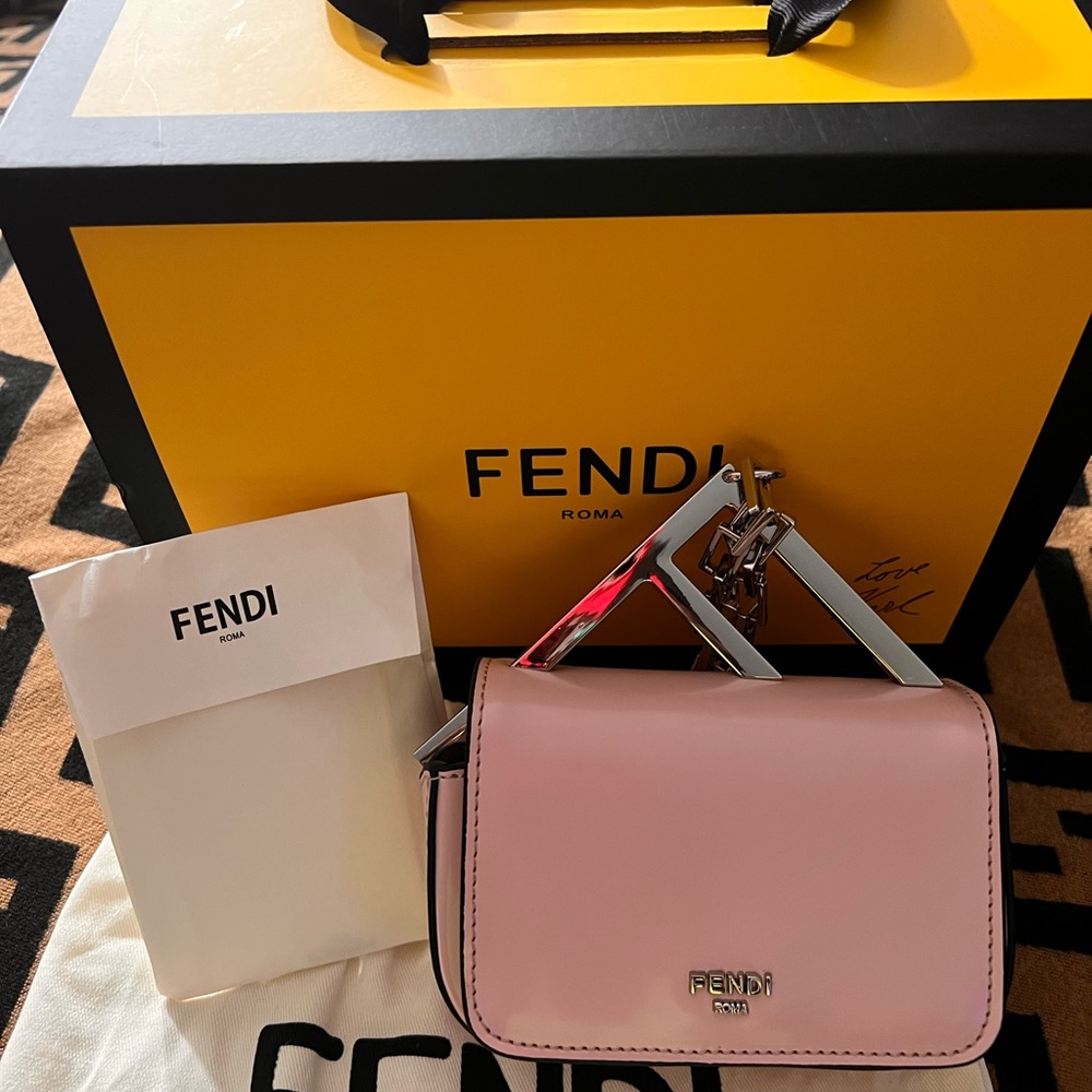 Beautiful Fendi Nano Bag F, box has Love Karl (Karl Lagerfeld) collab.